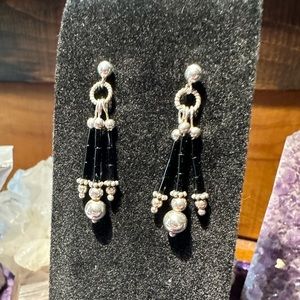 Native American Sterling Silver Black Onyx Bead Ball Dangle Chandelier Earrings
